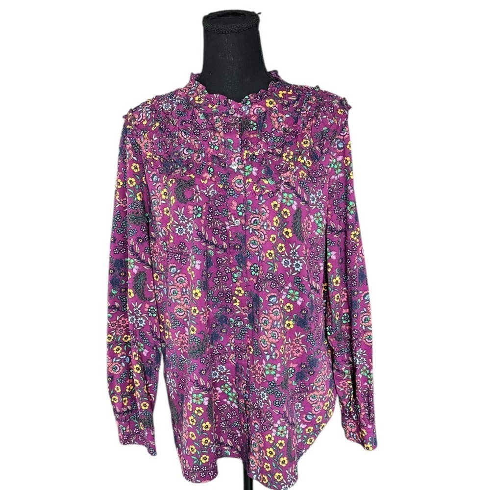Talbots XL Boho Floral Ruffle Blouse Berry Pink Cottagecore Romantic Prairie Top